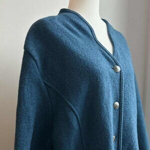 Geiger Petrol Blue Boiled Wool Cardigan Jacket w/ Pockets & Silver Buttons EU 50